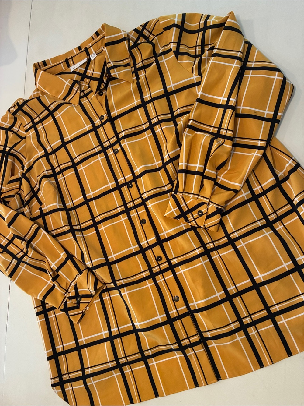Susan Graver Mustard Yellow Black Plaid Button-Down Shirt Office casual Plus 3X